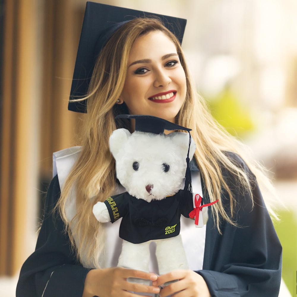 Graduation teddy bear wearing a custom embroidered robe and mortarboard, perfect personalised gift for a new graduate