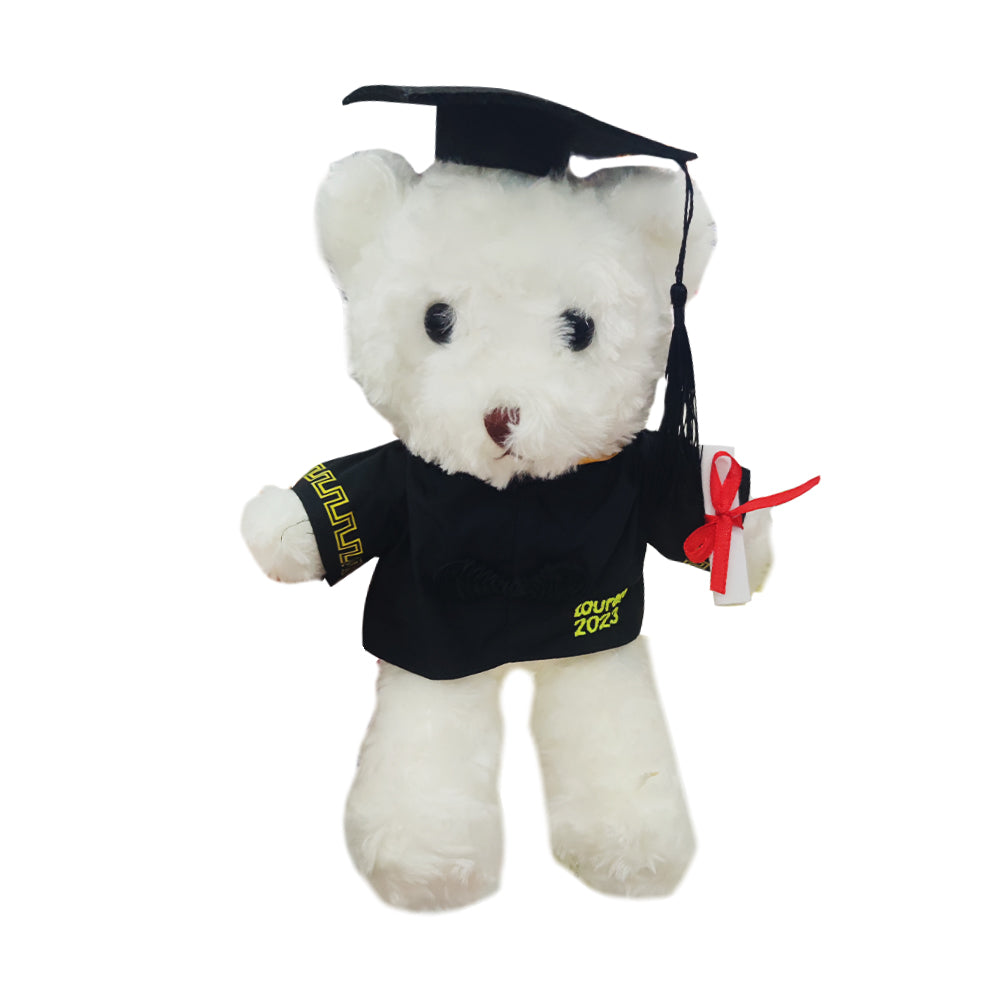 Front view of customised graduation bear holding a diploma, made from premium plush and cotton with embroidered name and year