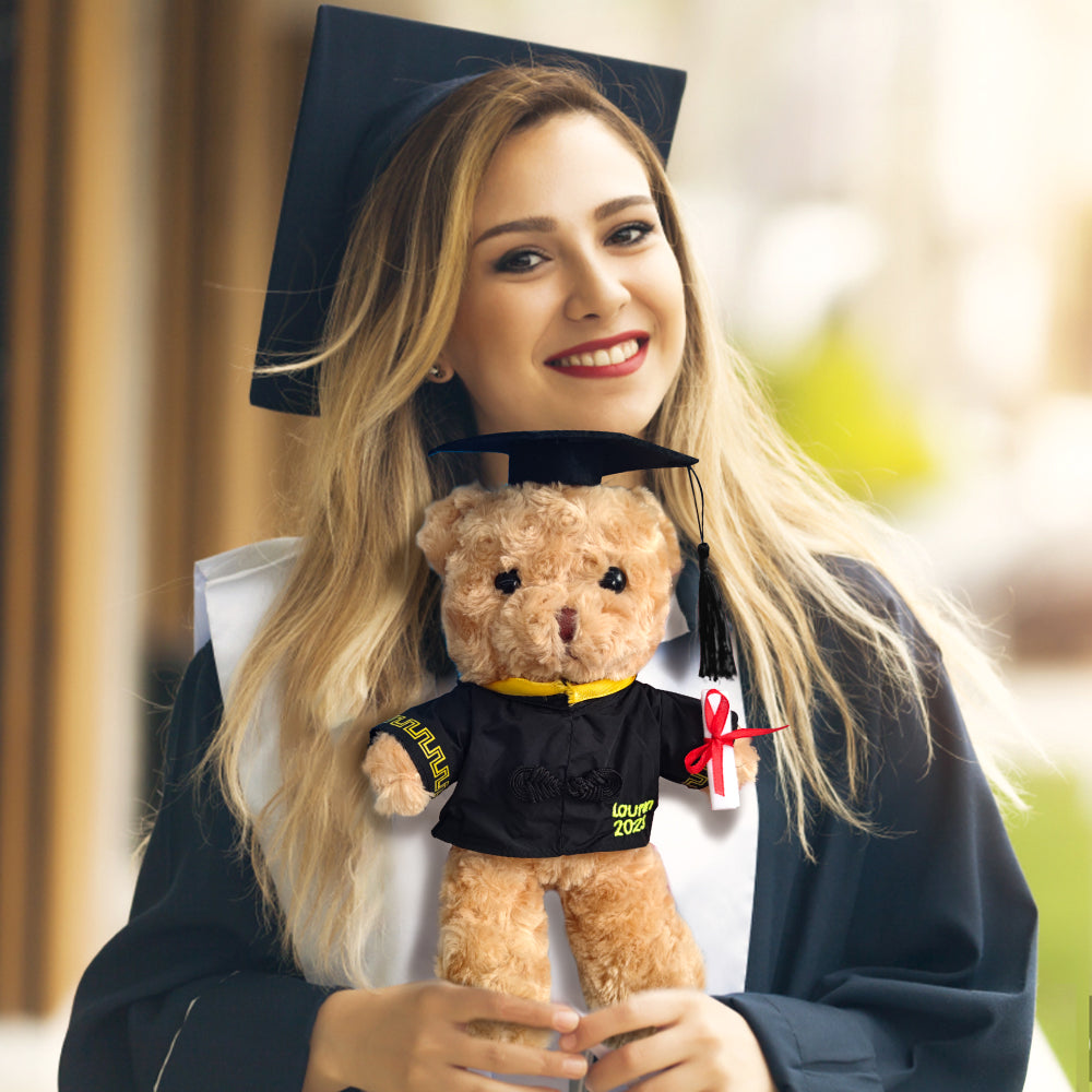Detail shot of embroidered name on a personalised graduation bear robe showing high-quality stitching that won’t fade