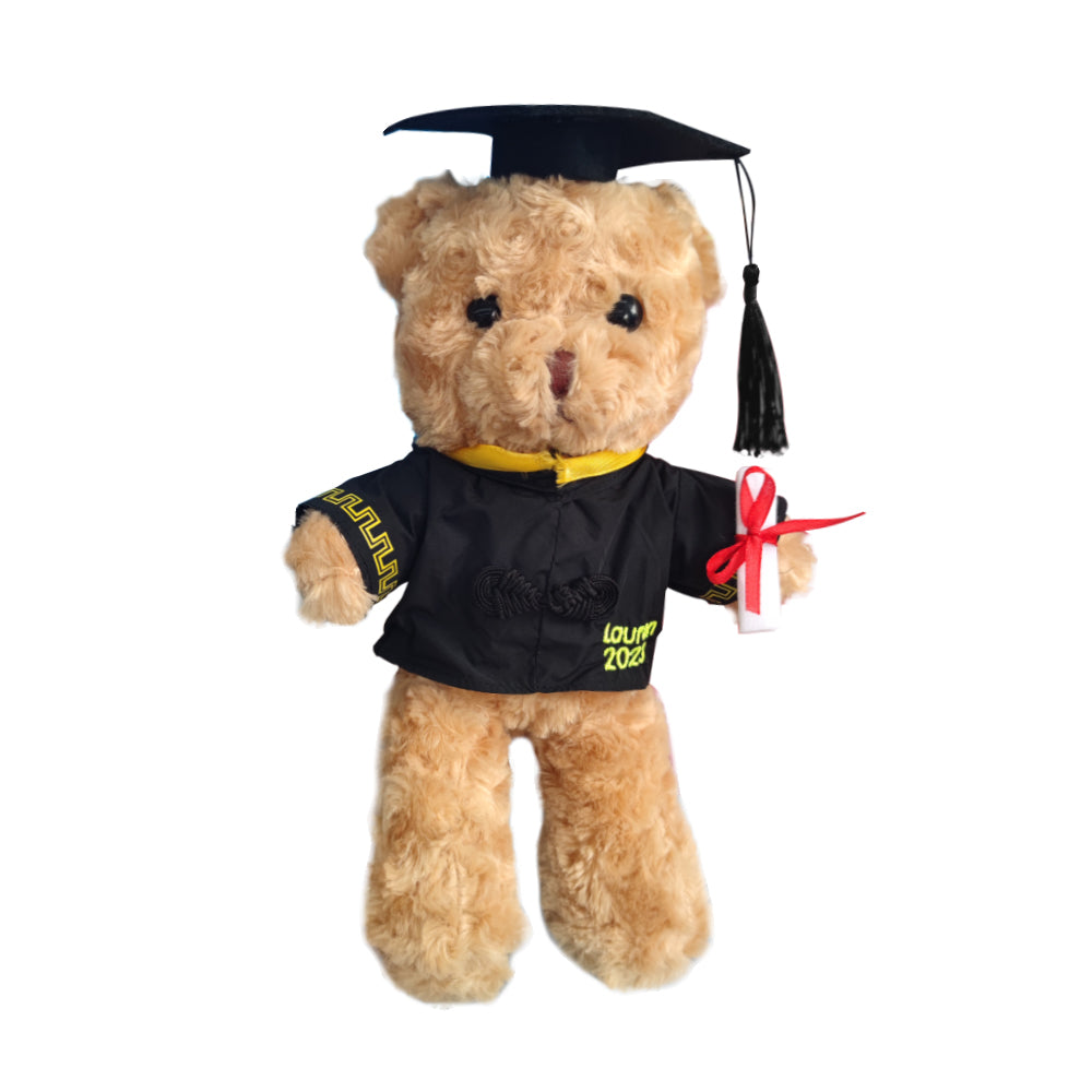 Pair of personalised graduation bears in different coloured robes, thoughtful personalised graduation gifts for friends or siblings
