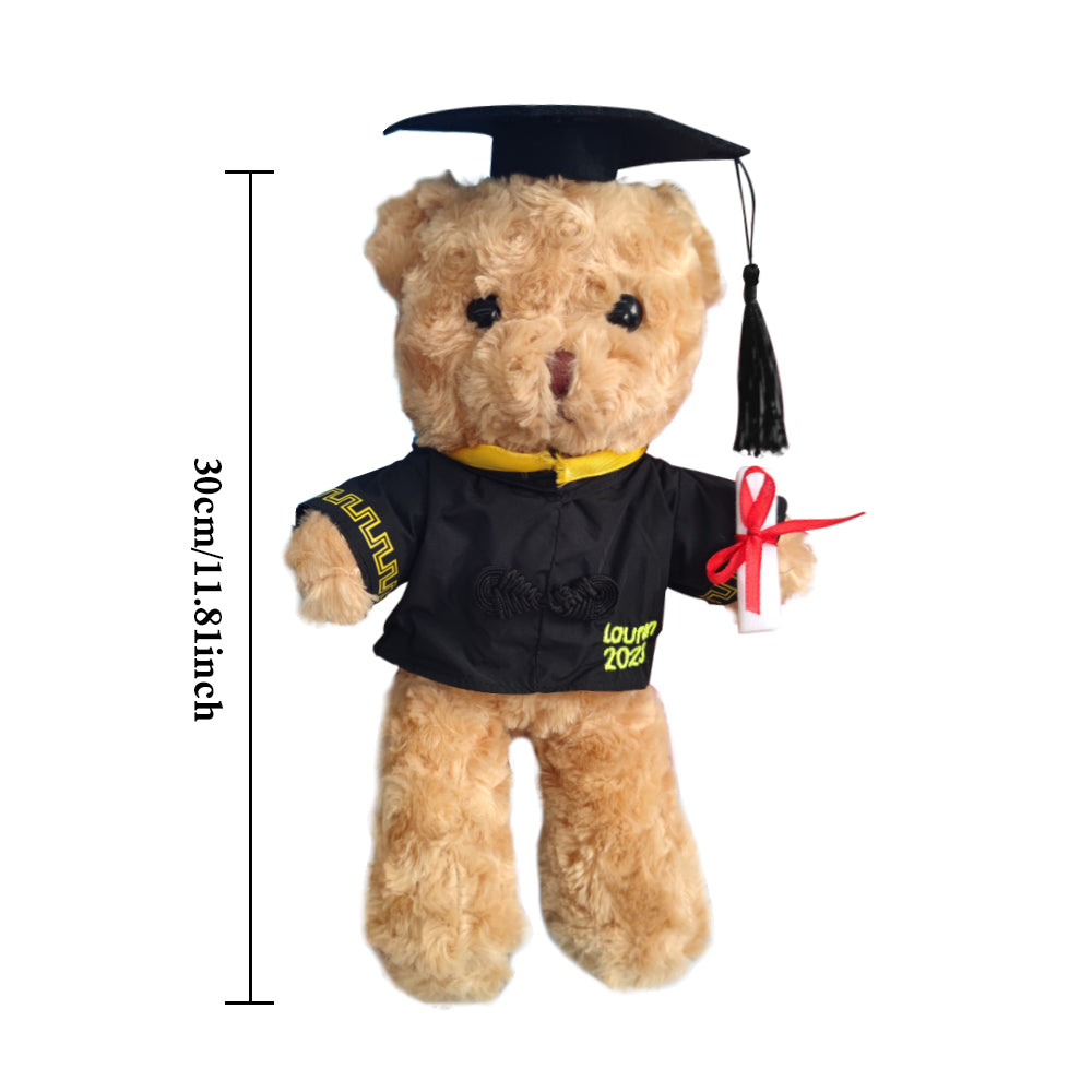 Graduation bear displayed on a shelf wearing a custom embroidered robe, commemorative keepsake for family and friends