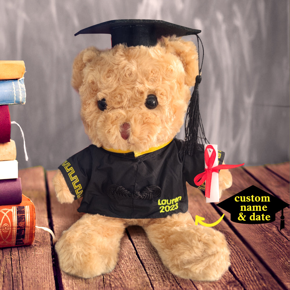 Assorted personalised graduation bears in customised robes, embroidered keepsakes ideal for graduation ceremonies and parties