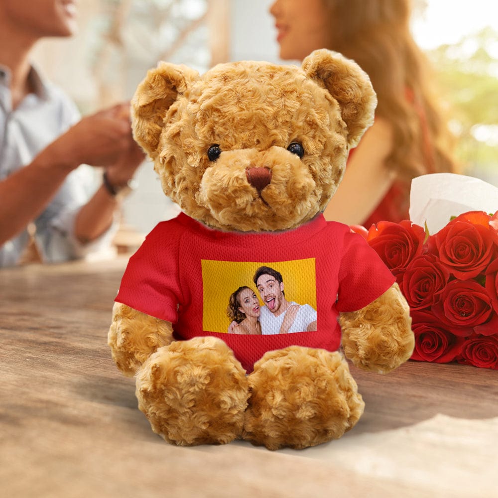 Close-up of outfit and fabric quality on the personalised photo bear, showing stitching and plush texture for custom keepsakes