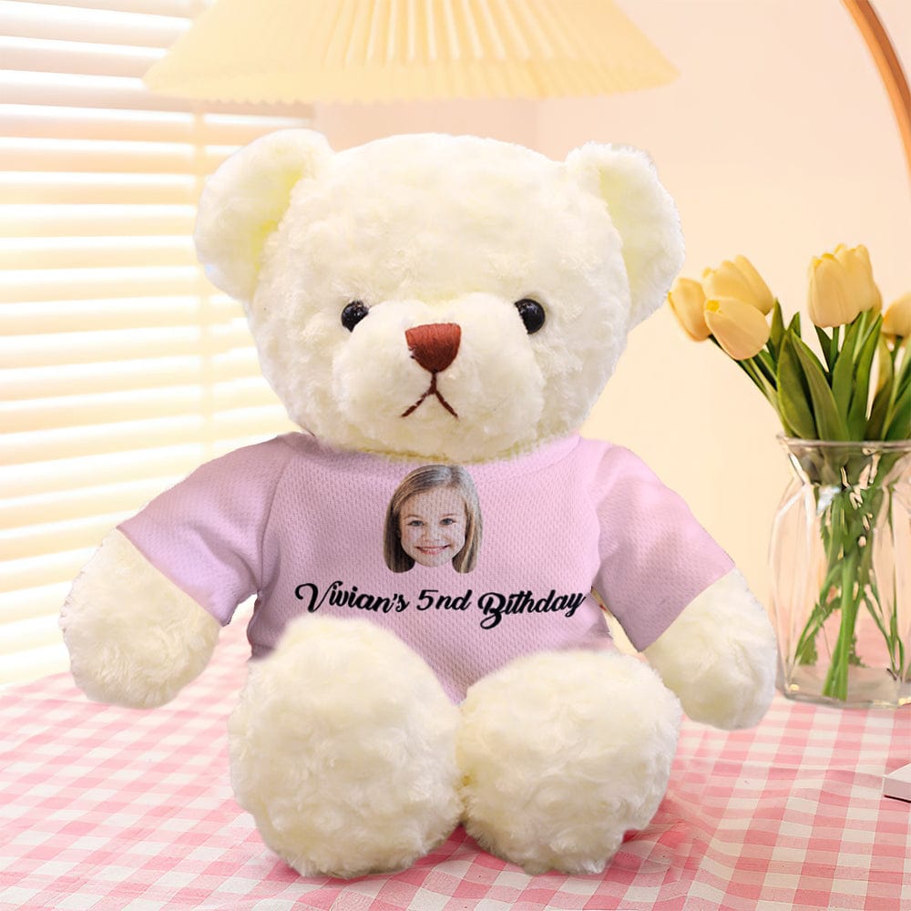 Close-up of personalised plush teddy bear showing embroidered nose and lifelike eyes – 30cm cuddly keepsake
