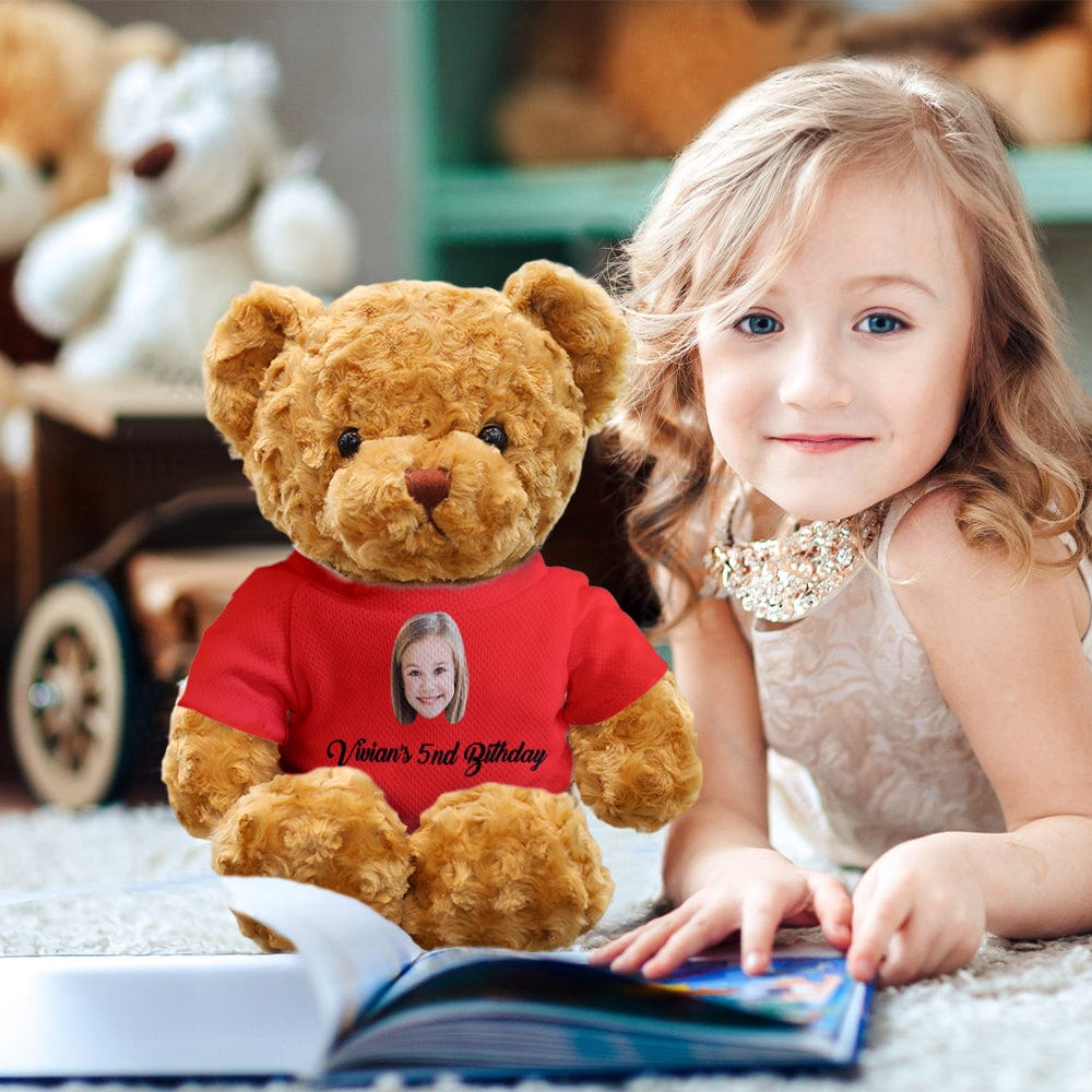 Front view of personalised teddy bear 11.81in (30cm) with bright eyes – ideal personalised photo keepsake