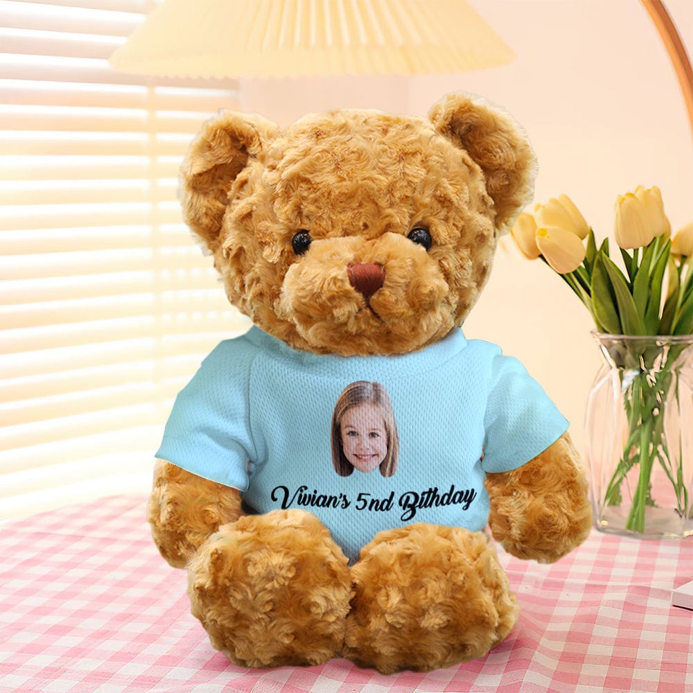 Personalised teddy bear showing removable clothing and embroidered features – 30cm custom plush gift