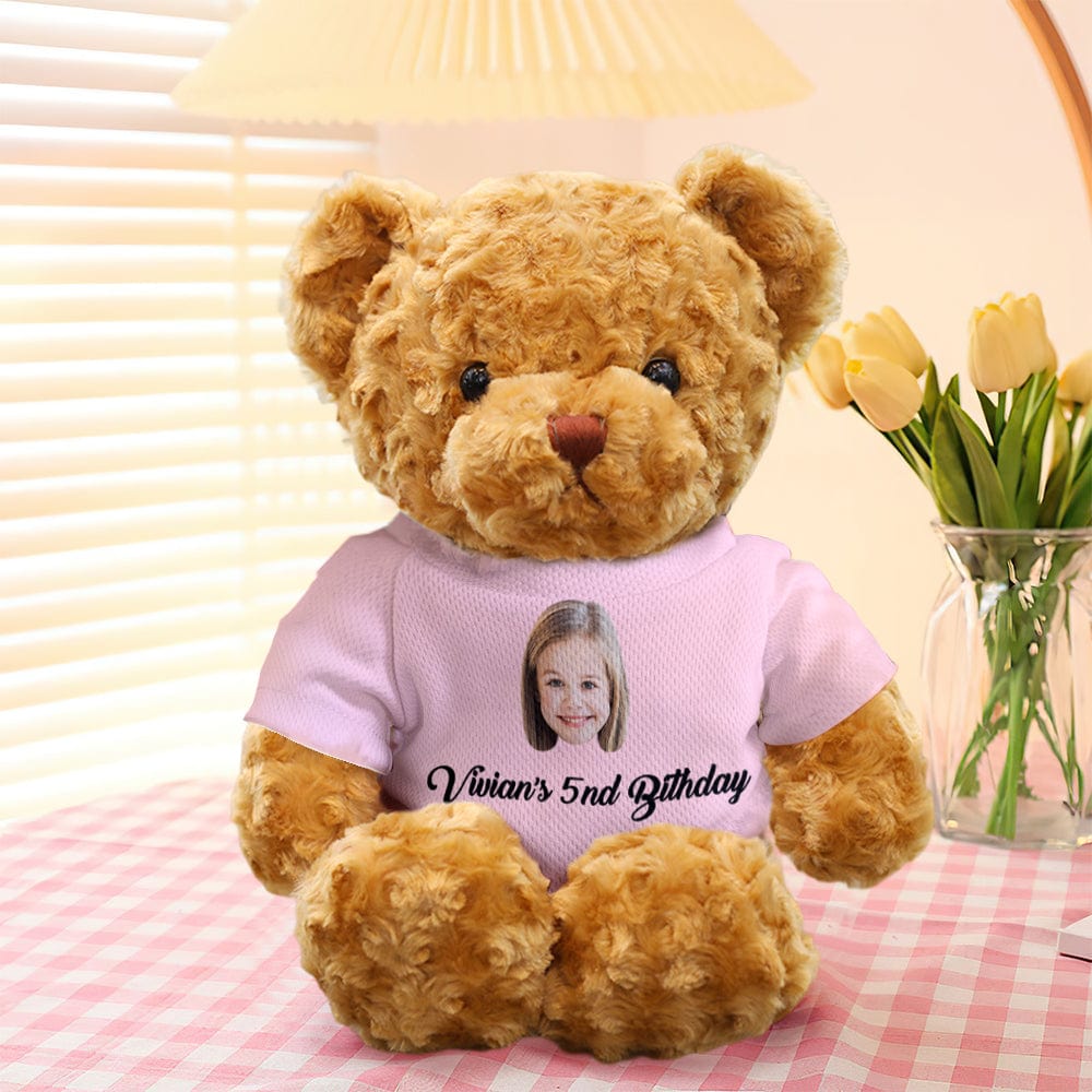 Studio shot of personalised plush teddy bear, 11.81in compact keepsake perfect for gifting