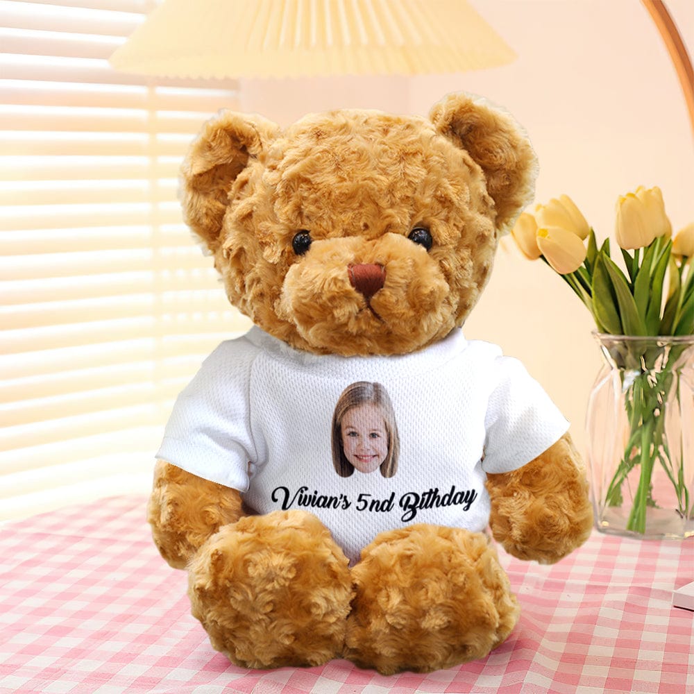 Close-up of personalised teddy bear’s bright eyes and embroidered nose – soft 30cm plush keepsake