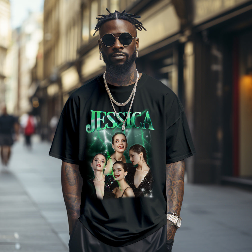 Model wearing Custom Photo Vintage Tee in black showing personalised name and photo, playful Among Us‑style artwork — a personalised T-shirt perfect as a couple or birthday gift