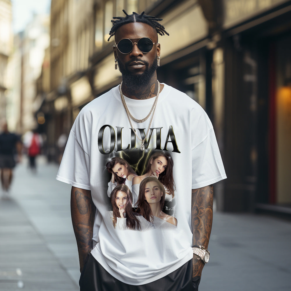 Close-up of high-resolution custom photo print and double-needle stitched hem on white personalised photo tee — ideal personalised photo gift