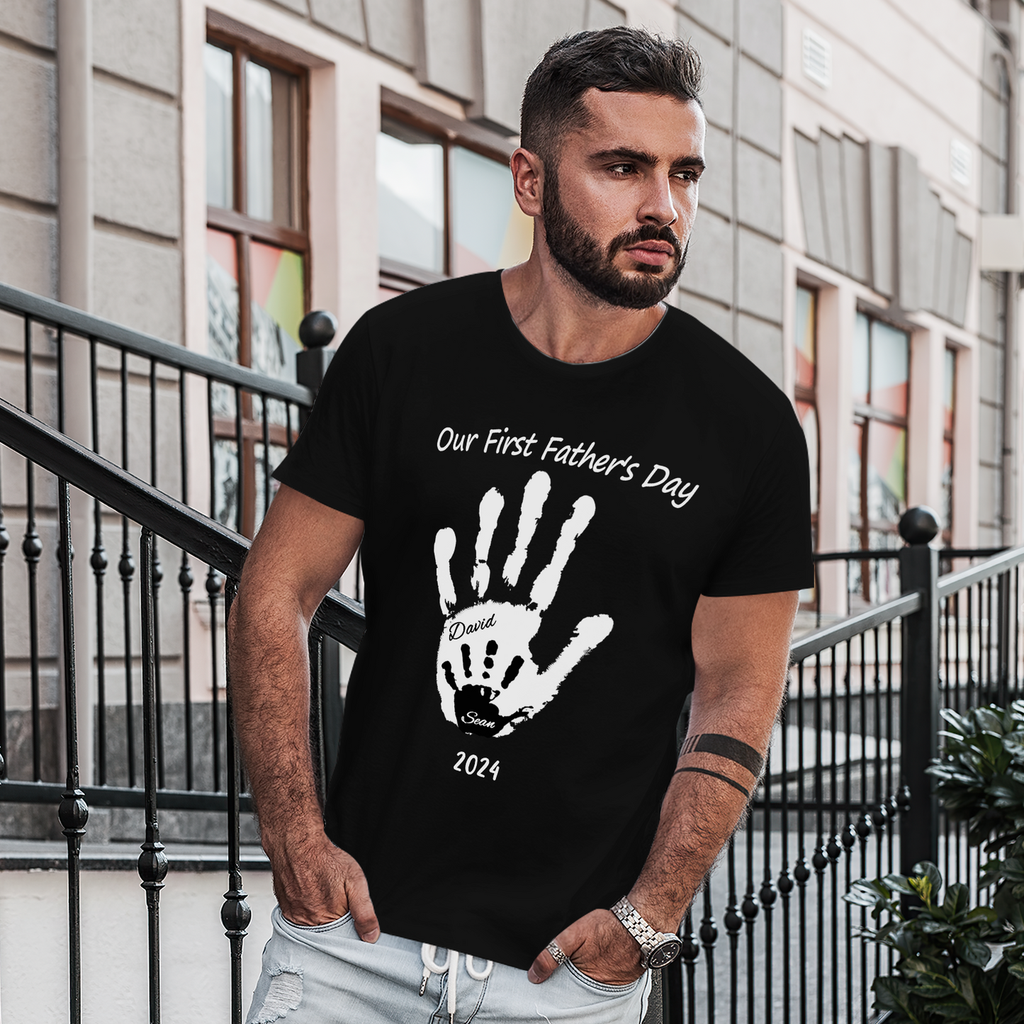 Flat-lay front view of personalised handprint T-shirt for Dad — ideal personalised Father’s Day shirt and Christmas gift option