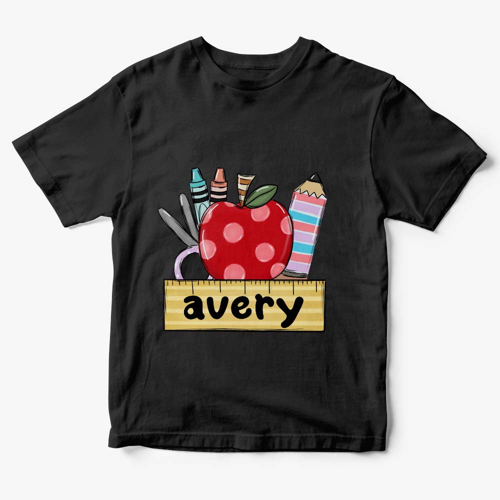 Child wearing personalised back to school T-shirt, smiling for first day of school photo