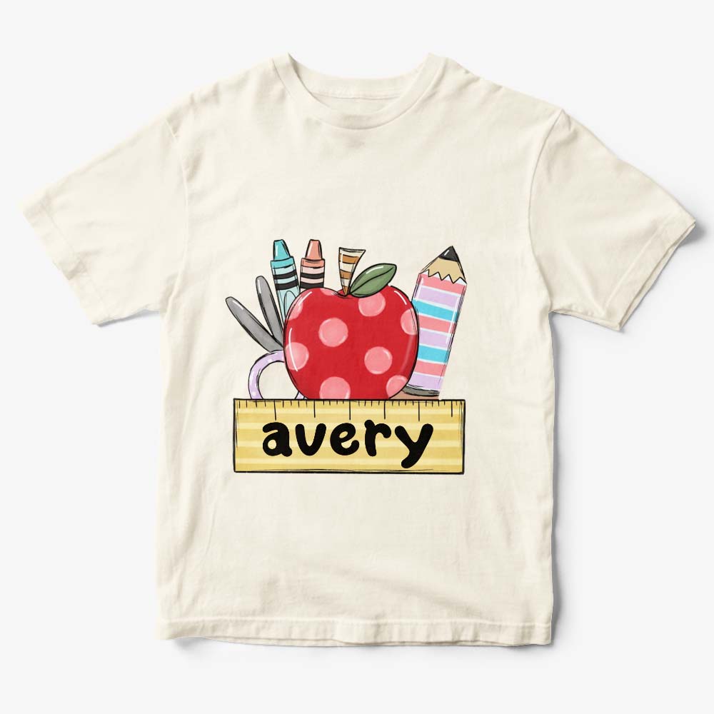 Personalised kids name T-shirt laid flat showing vibrant print and durable polyester fabric