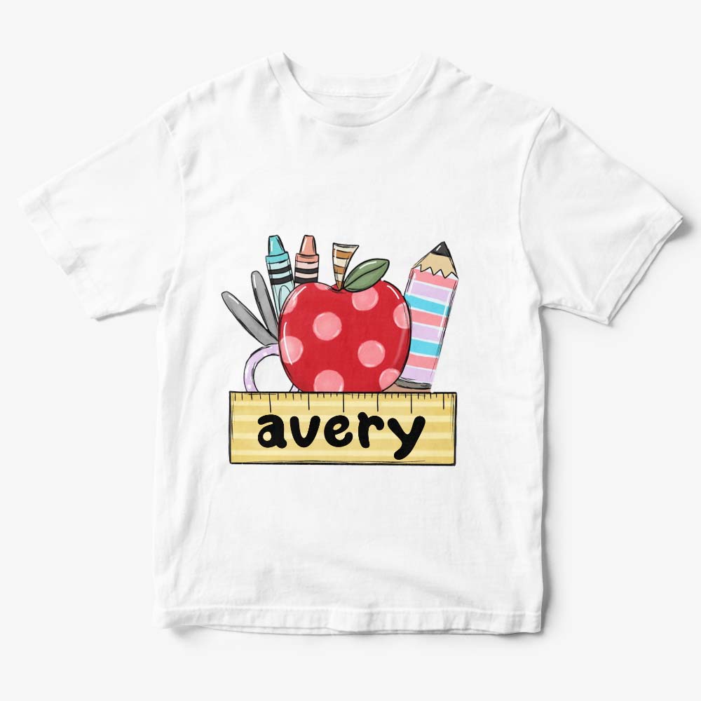 Personalised name T-shirt on hanger ready for back to school photos and gifting