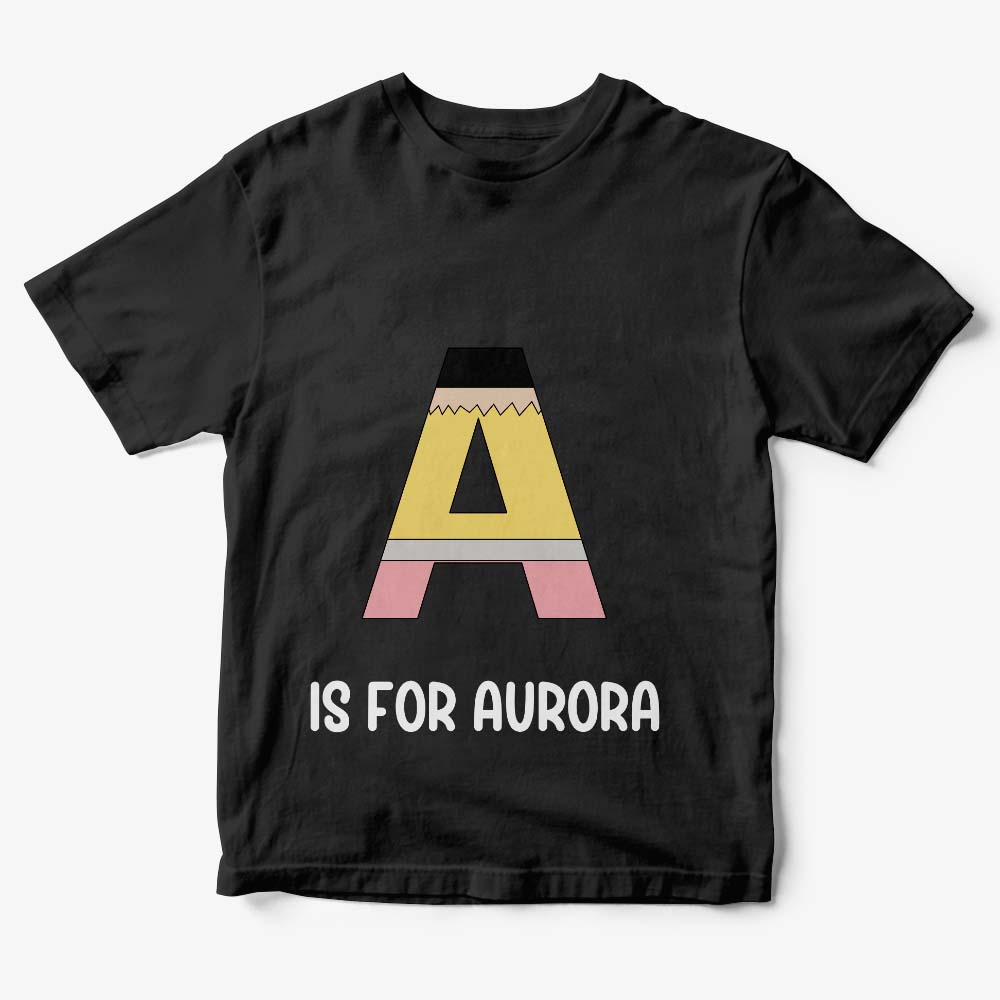 Close‑up of pencil graphic and name customisation on personalised tee — keepsake personalised name gift for children