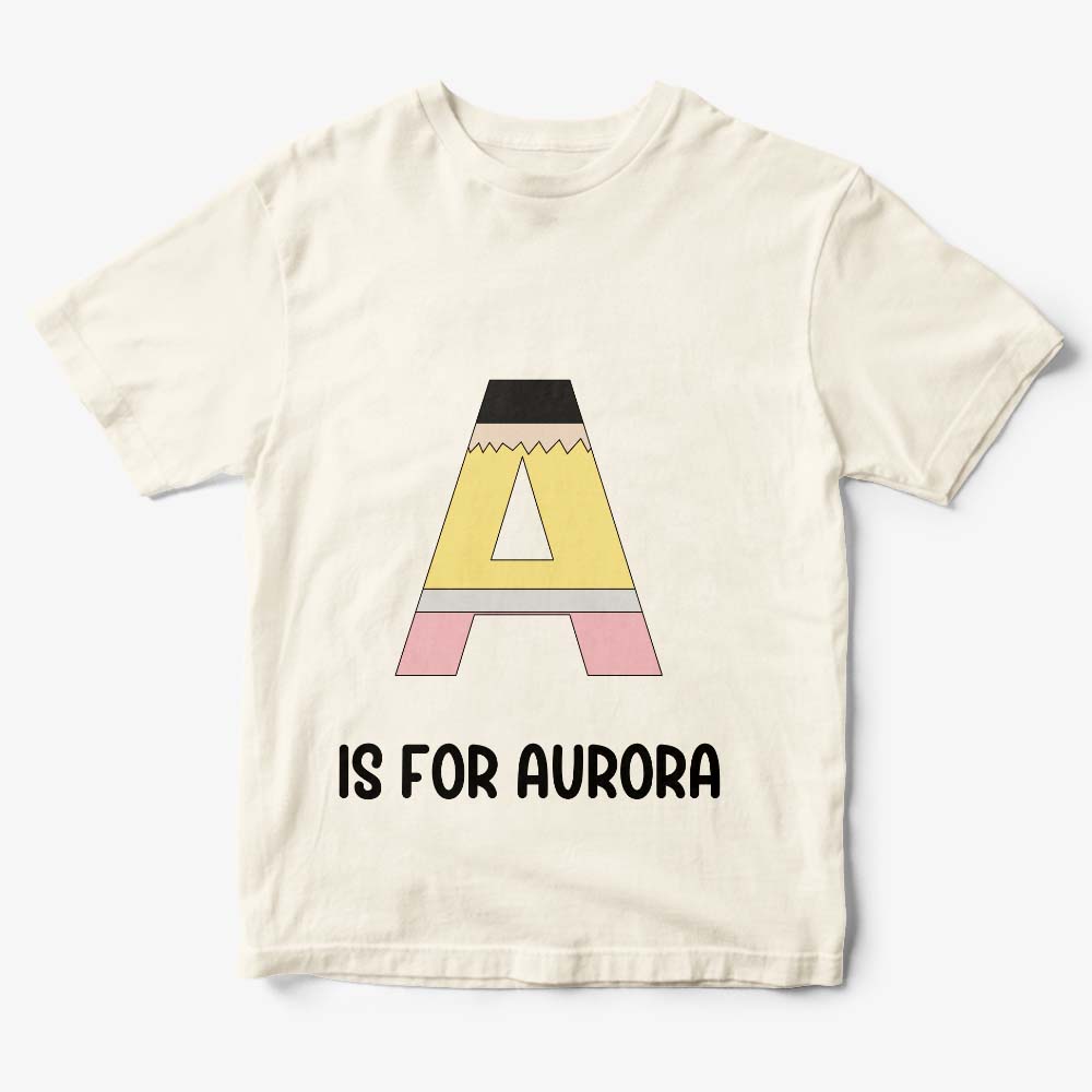 Flat lay of personalised back to school tee showing soft polyester fabric and printed pencil design — gifts for kids