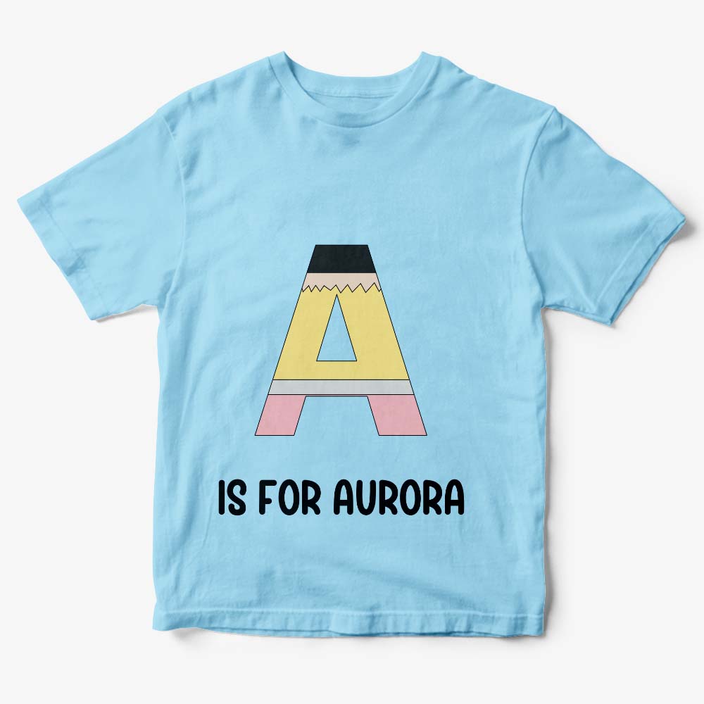 Multiple colour options of the personalised pencil t‑shirt laid out — choose a personalised name gift for boys and girls