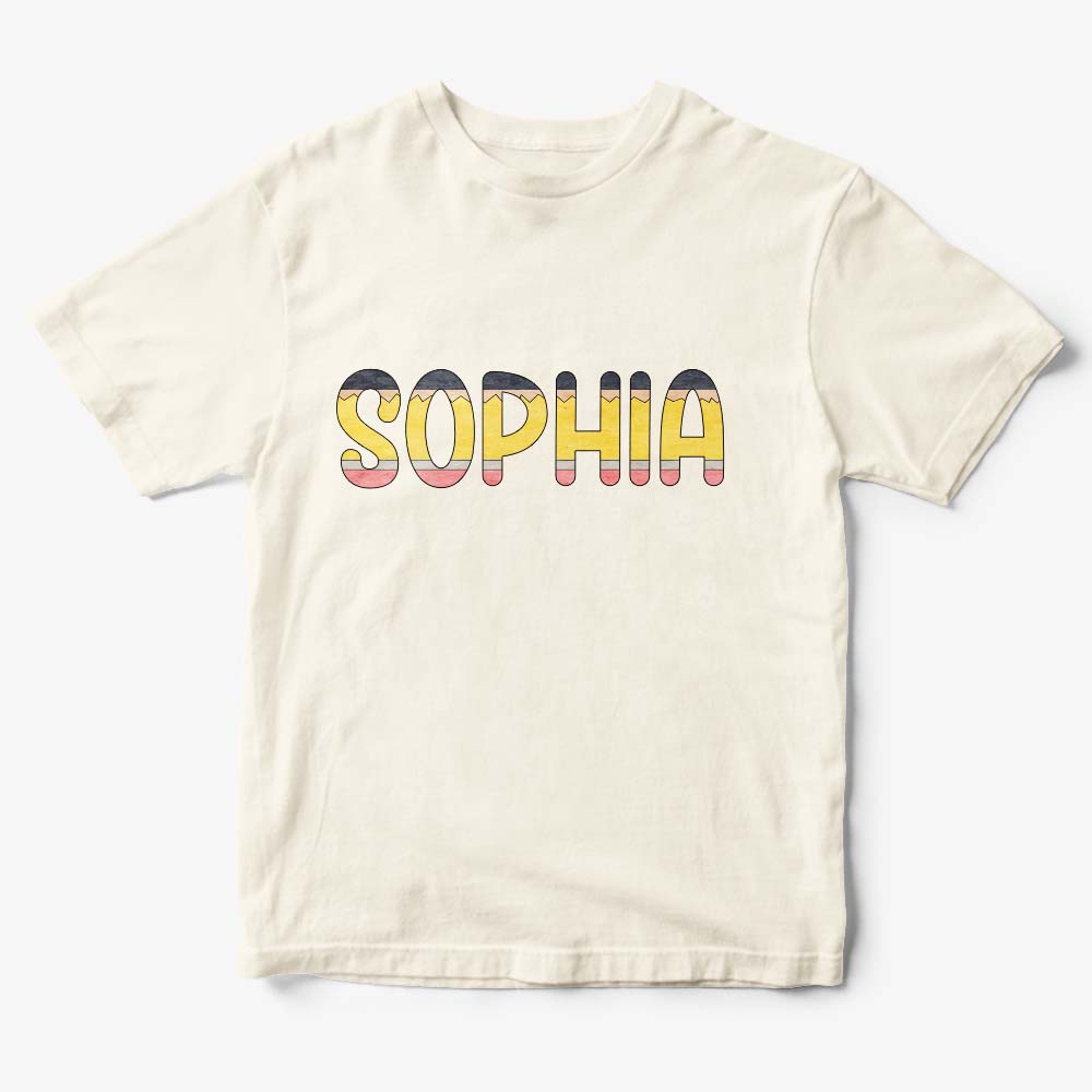 Flat‑lay of personalised name T‑shirt with pencil motif, ideal personalised gift for boys and girls