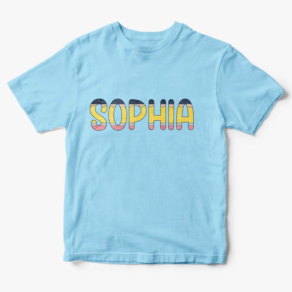 Model shot for class photos — personalised pencil name T‑shirt on child for first day memories