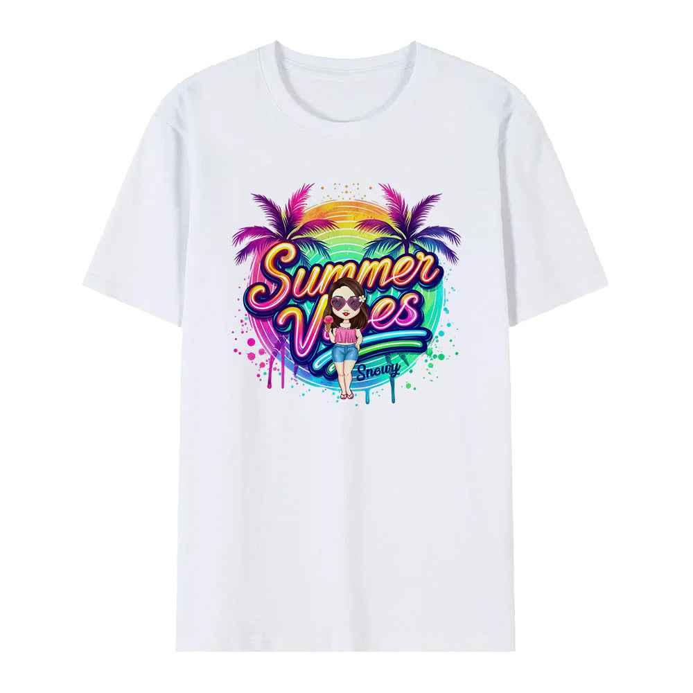 Personalized Cartoon Summer Vibes T-shirt with Name T-shirt Holiday Gift for Her
