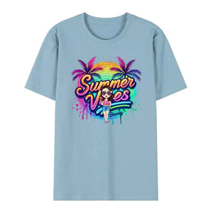 Personalized Cartoon Summer Vibes T-shirt with Name T-shirt Holiday Gift for Her