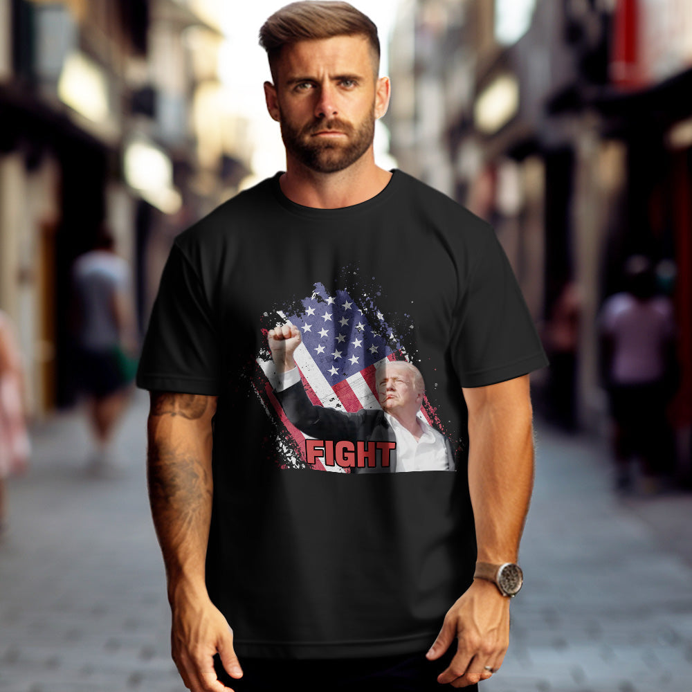 Model wearing Fight! Donald Trump rally T-shirt, comfortable breathable polyester standard fit