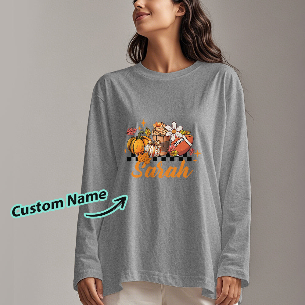 Neckline and collar detail of personalised Halloween long-sleeve T-shirt demonstrating comfortable finish and durability