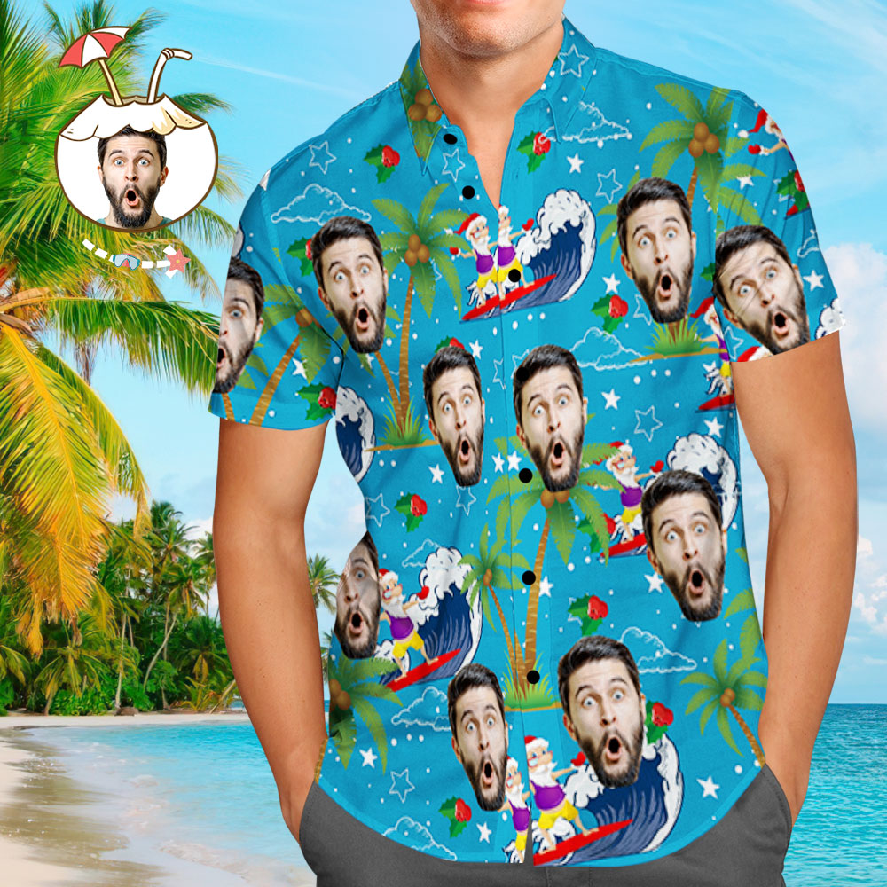 Model wearing dark blue personalised Surfing Santa Hawaiian shirt — standout personalised photo gift for grandad or boyfriend