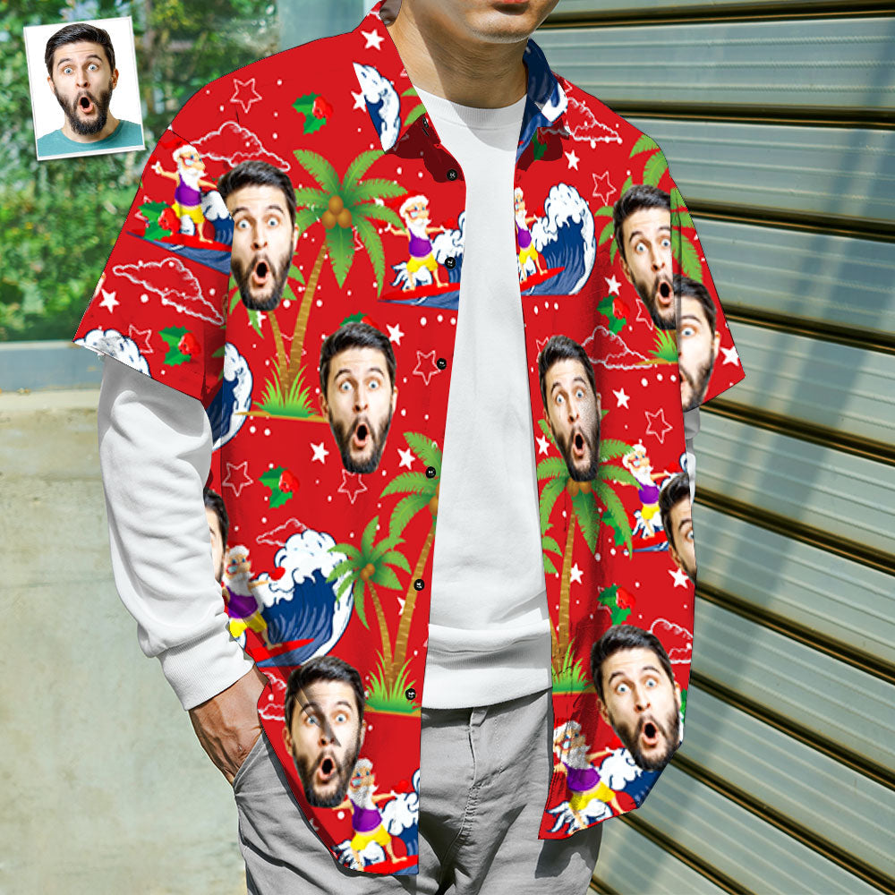 Close-up of Surfing Santa print and custom face on personalised Hawaiian shirt showing premium, fade-resistant print quality