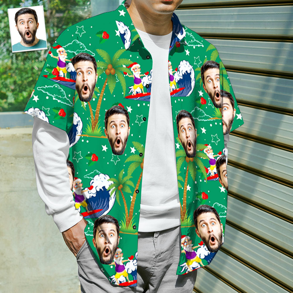 Folded Custom Face Hawaiian Shirt with Surfing Santa design ready for dispatch — handcrafted personalised Christmas present