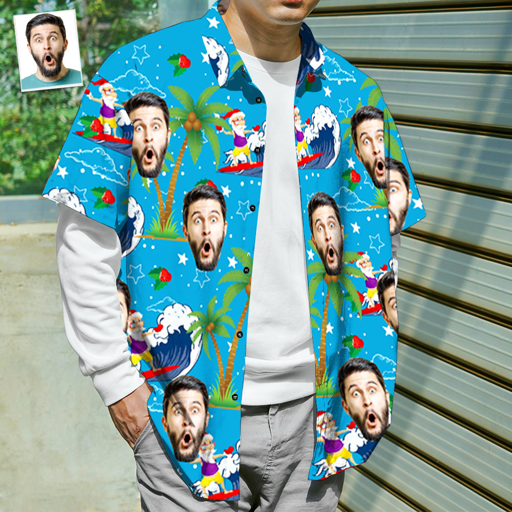 Close-up of Surfing Santa print and custom face on personalised Hawaiian shirt showing premium, fade-resistant print quality