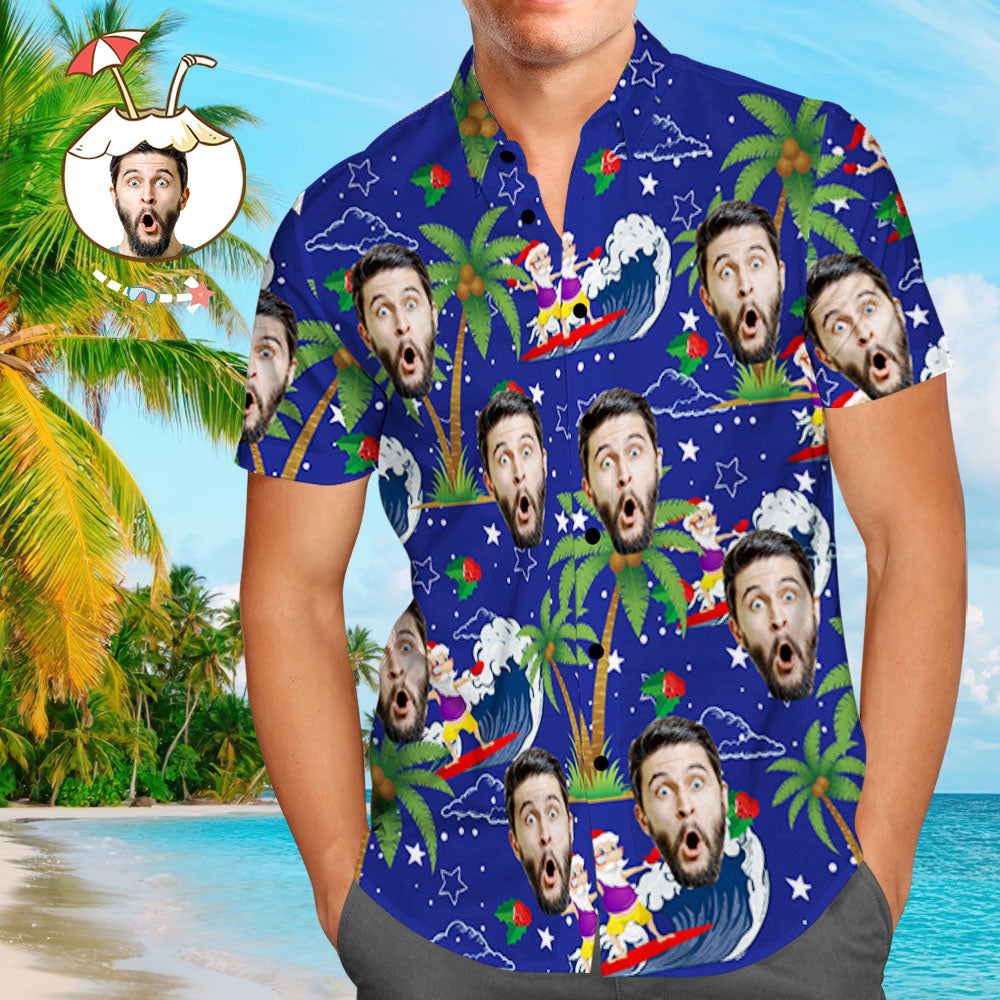 Macro of vibrant Surfing Santa print and fabric texture on personalised Hawaiian shirt — machine-wash safe, colours that won’t fade