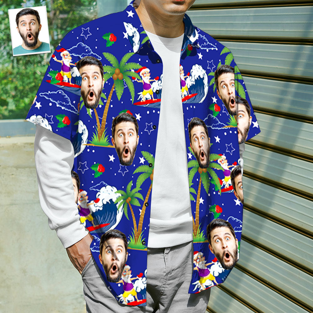 Dark blue Custom Face Hawaiian Shirt with Surfing Santa motif and sample personalised face — quirky Christmas gift for husband or dad