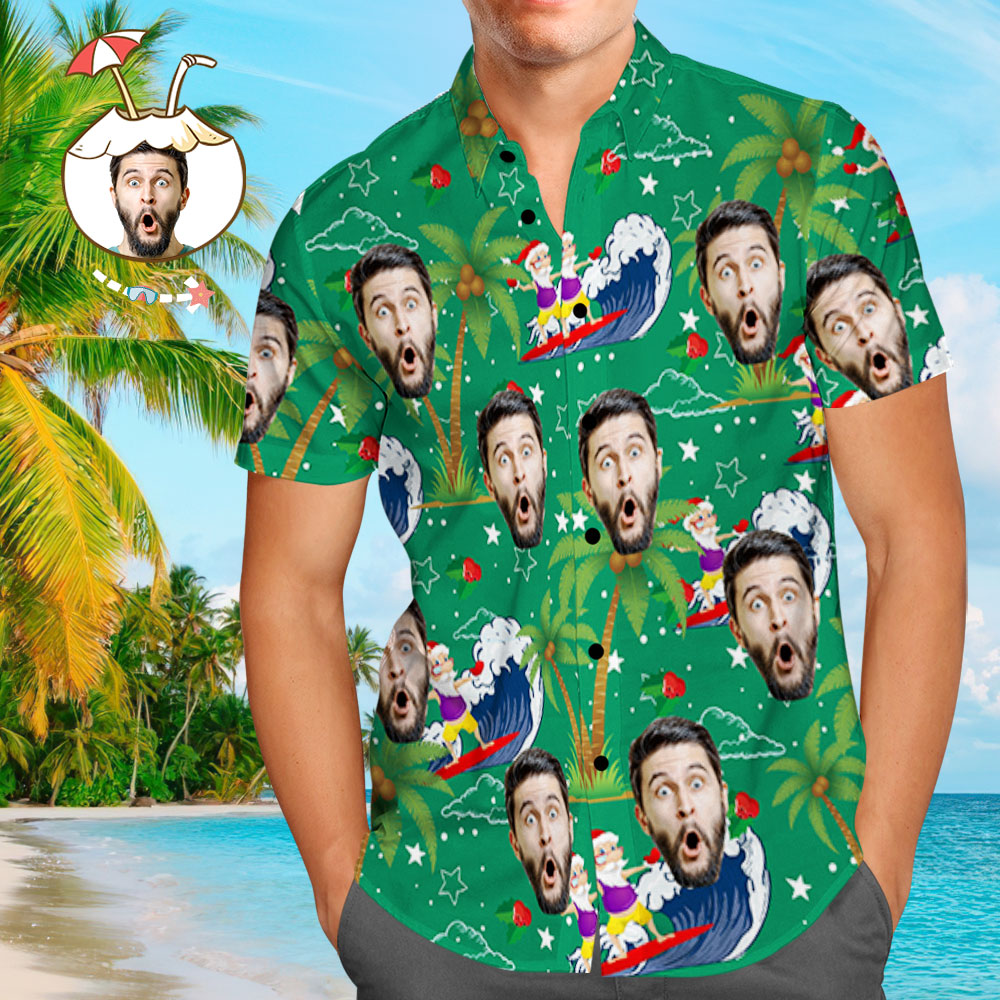 Rear view of personalised Surfing Santa Hawaiian shirt revealing seamless all-over print and customised face integration