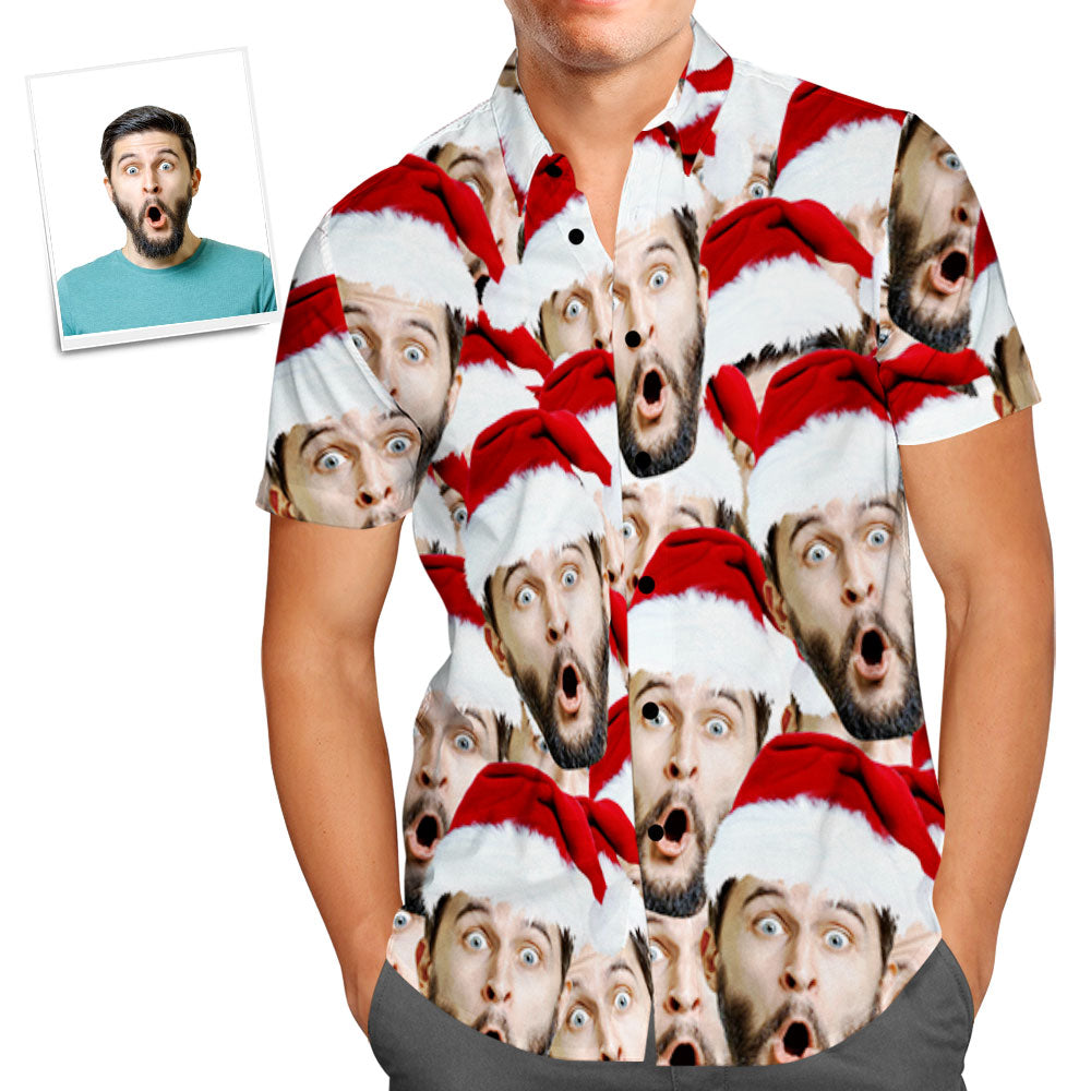Side-angle view of personalised Santa Face Aloha shirt showing print placement and relaxed fit — custom photo Hawaiian shirt gift for him