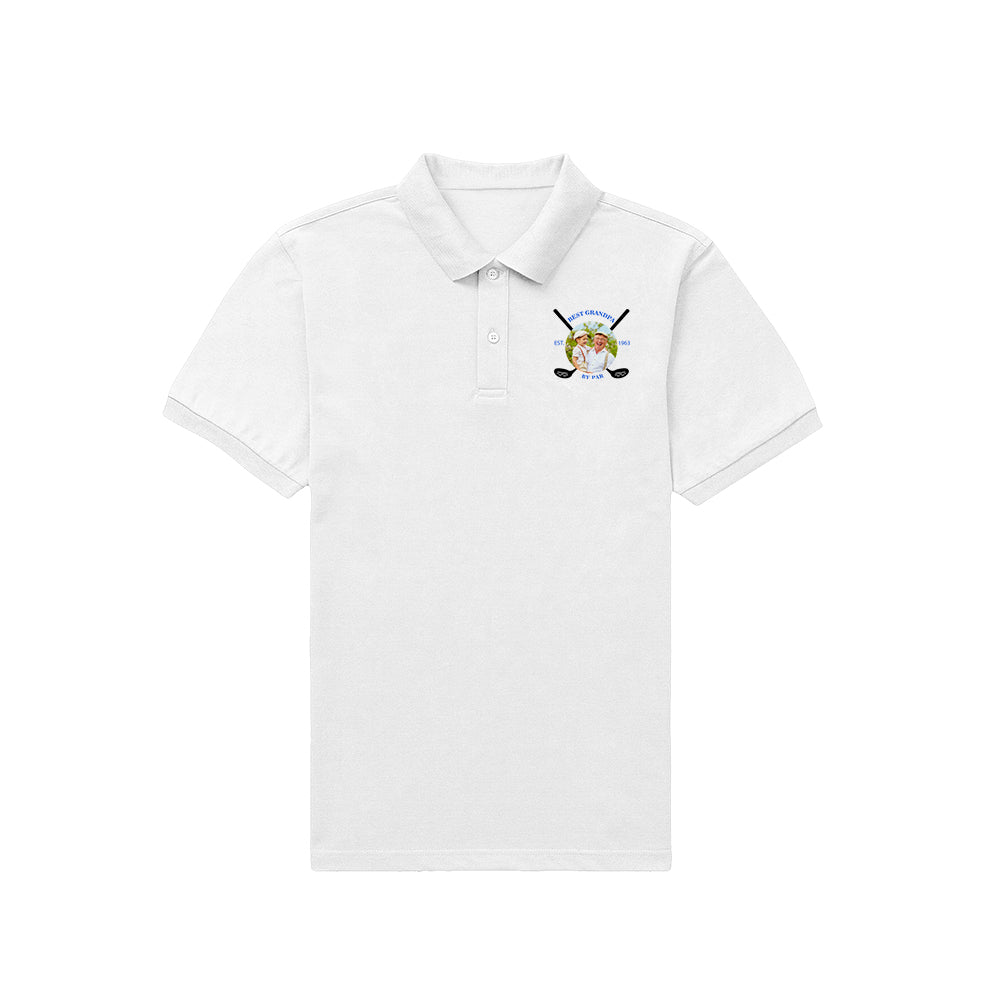 Back and side view of men's personalised polo shirt in white highlighting the lapel collar and light‑stretch polyester knit — men's golf shirt, personalised polo