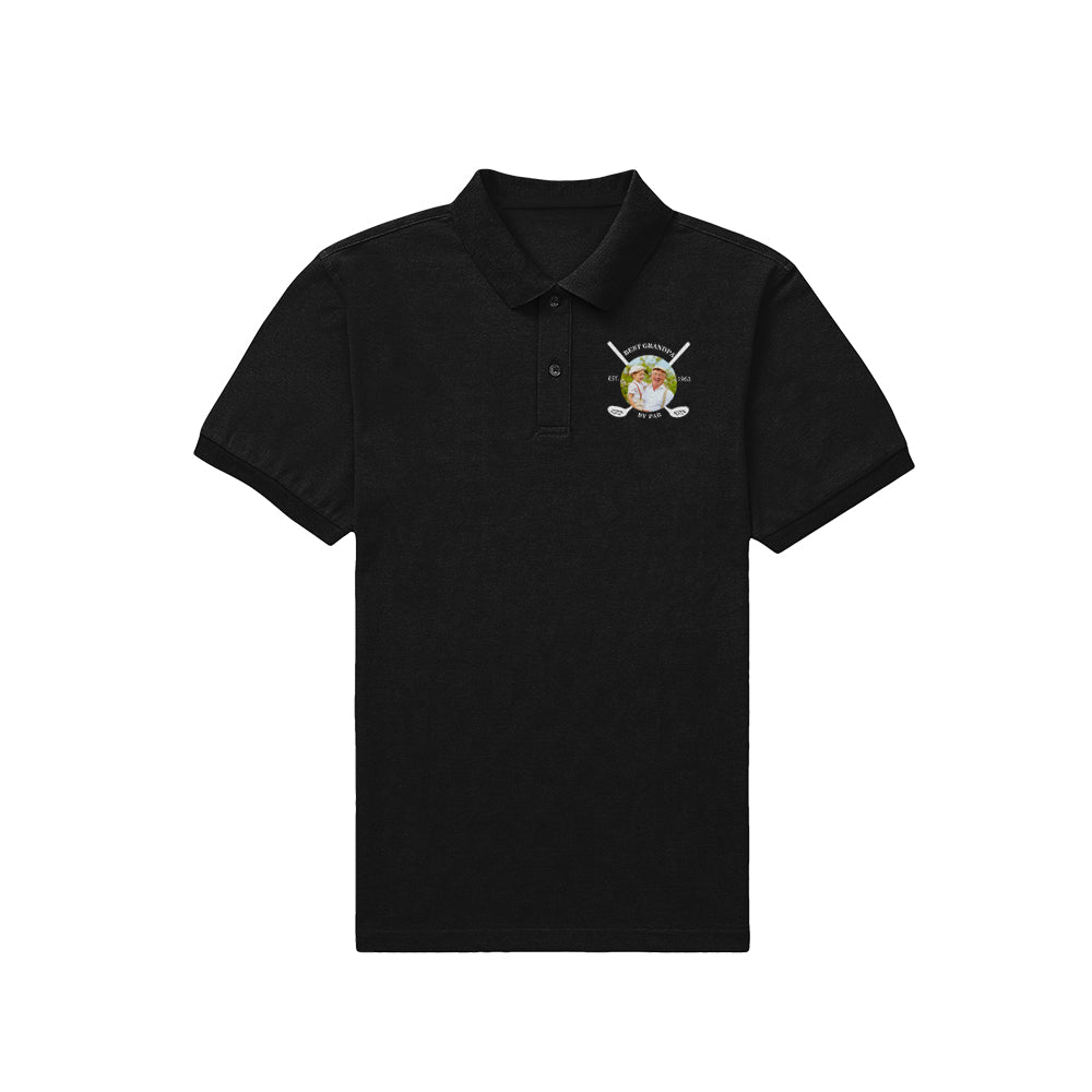 Close-up of heat‑transfer personalised name on a black men's golf polo showing crisp print detail — personalised name polo, custom printing
