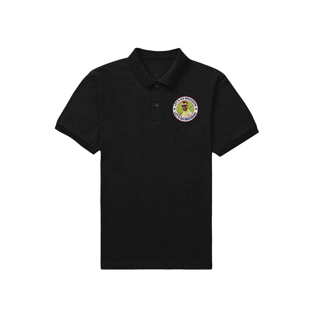 Close‑up of custom logo embroidery on personalised men's polo showing fine stitch detail and soft knitted polyester texture