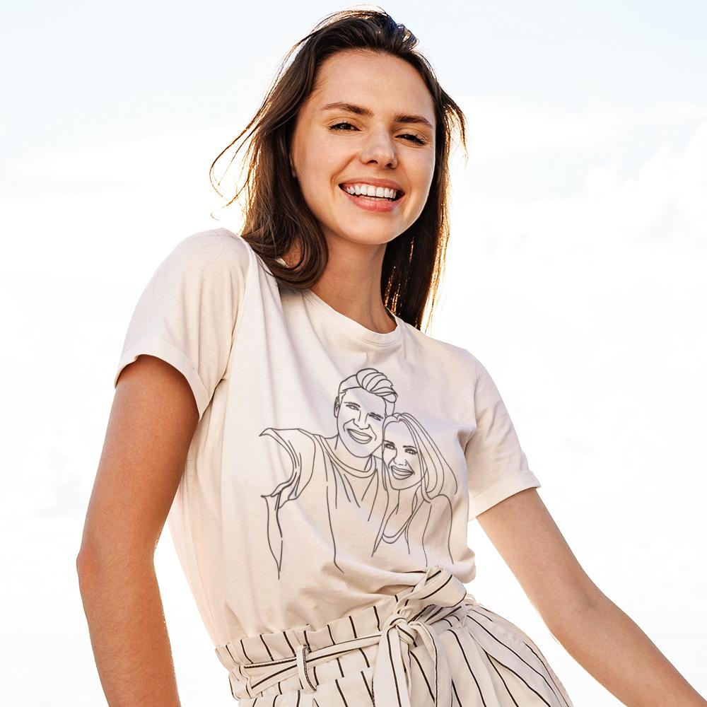 Close-up of personalised line‑art print on a white custom T-shirt showing smooth finish, cap sleeves and refined side‑seamed fit — ideal personalised couples gift