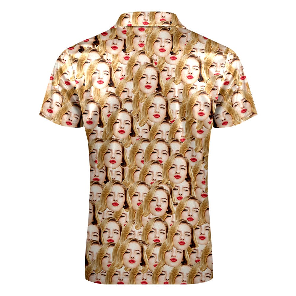 Model wearing personalised men's polo showing modern tailored fit, short zip collar and clear photo print
