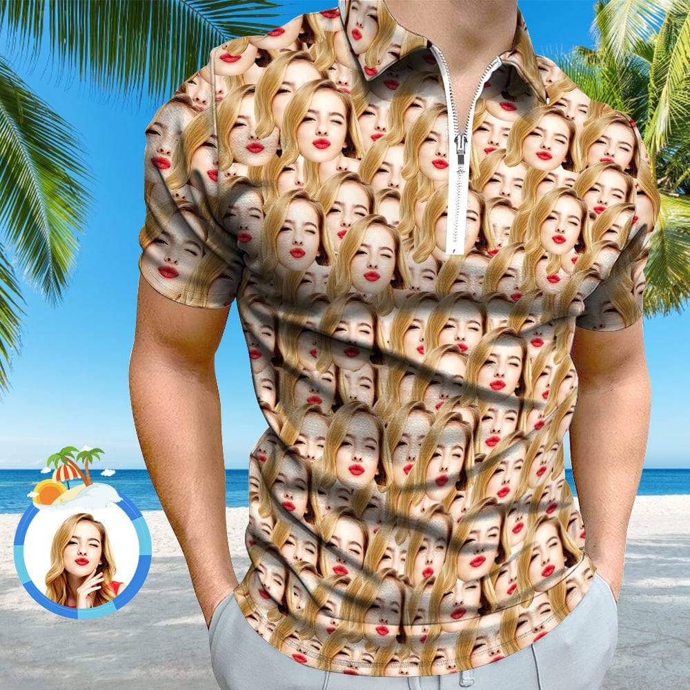 Back and side view of personalised funny-face polo highlighting double-sided print and tailored silhouette