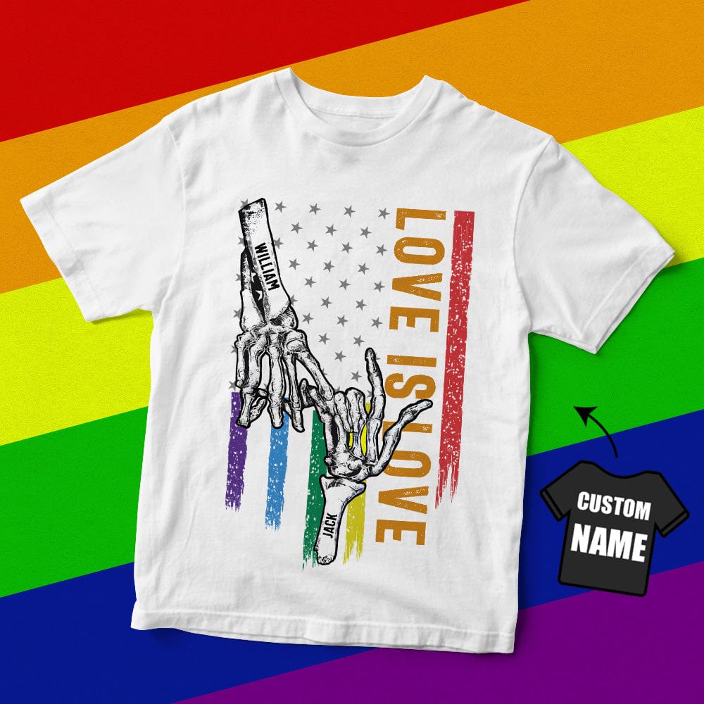 Close-up of custom name printed on rainbow flag motif – high‑resolution print detail on a personalised gay pride tee, durable double‑stitched finish