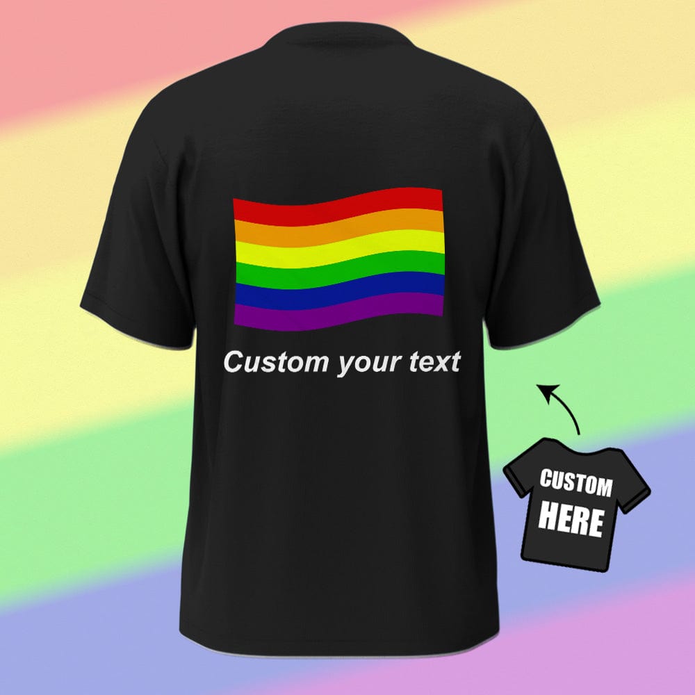 Model wearing Personalised Gay Pride T-shirt outdoors - vibrant LGBTQ rainbow flag shirt styled for Pride parades and LGBT events