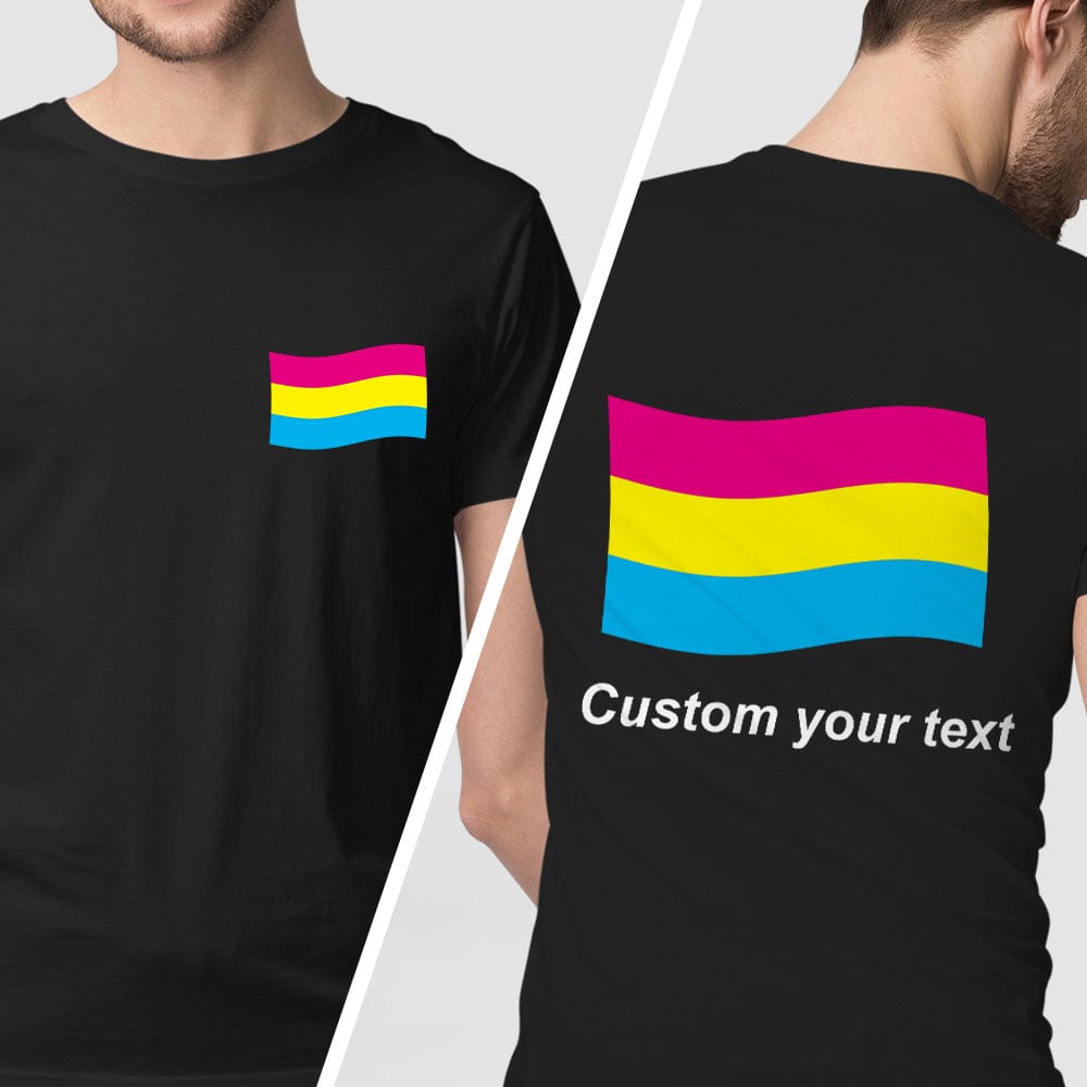 Seam and half-inch collar detail on personalised Pride tee - comfortable fit with side-seamed construction on rainbow flag shirt