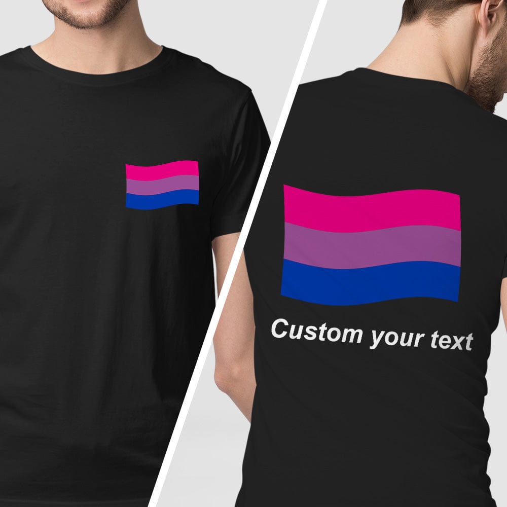 Back view of personalised gay pride t-shirt with full back rainbow flag print - custom pride tee ready for personalisation