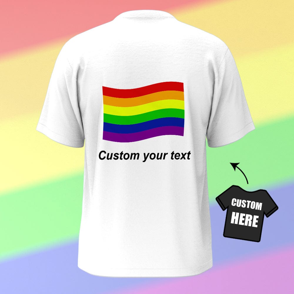 Front shot of customised LGBTQ rainbow flag shirt with personalised text sample - perfect personalised Pride Month gift