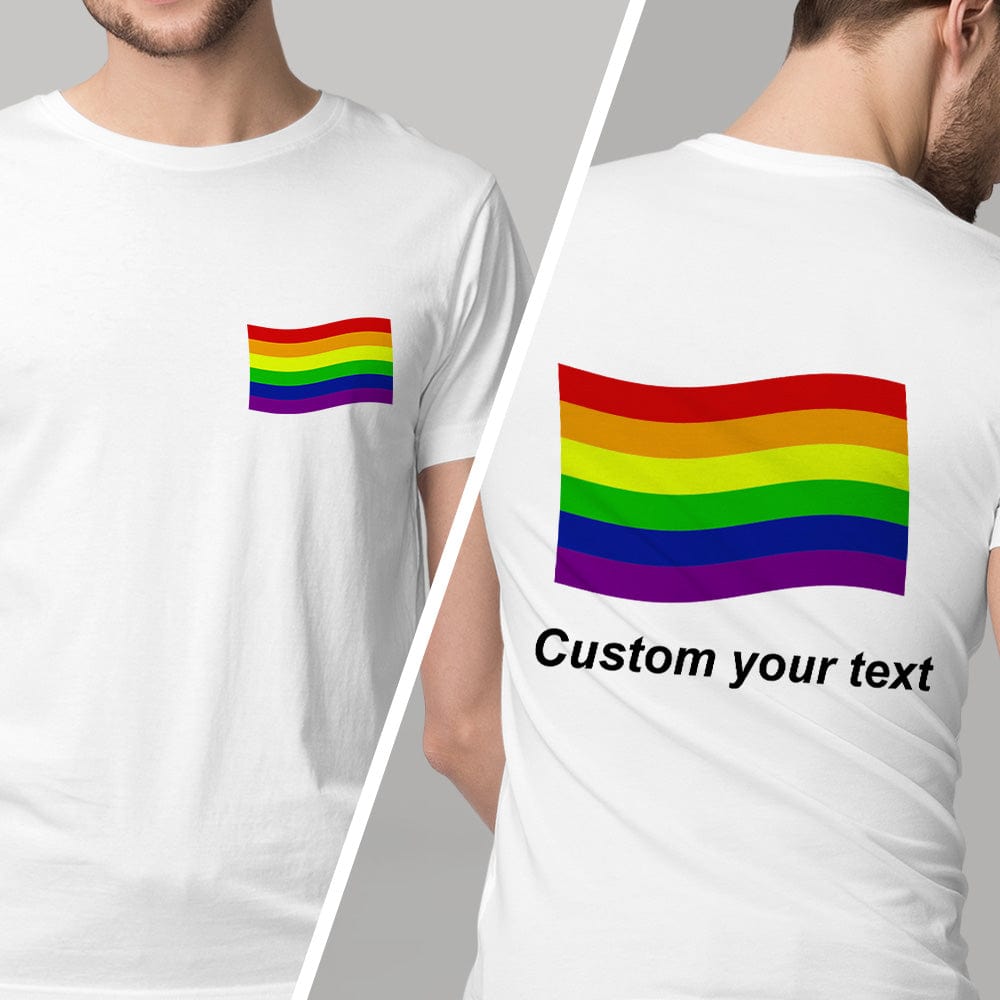 Care label and printing instructions close-up on personalised LGBTQ rainbow flag shirt - machine wash cold, tumble dry low to preserve the print