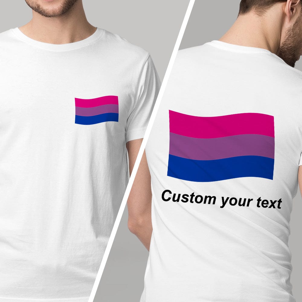 Pairing image of a couple wearing matching personalised pride tees - personalised LGBTQ rainbow flag shirts for couples or friends