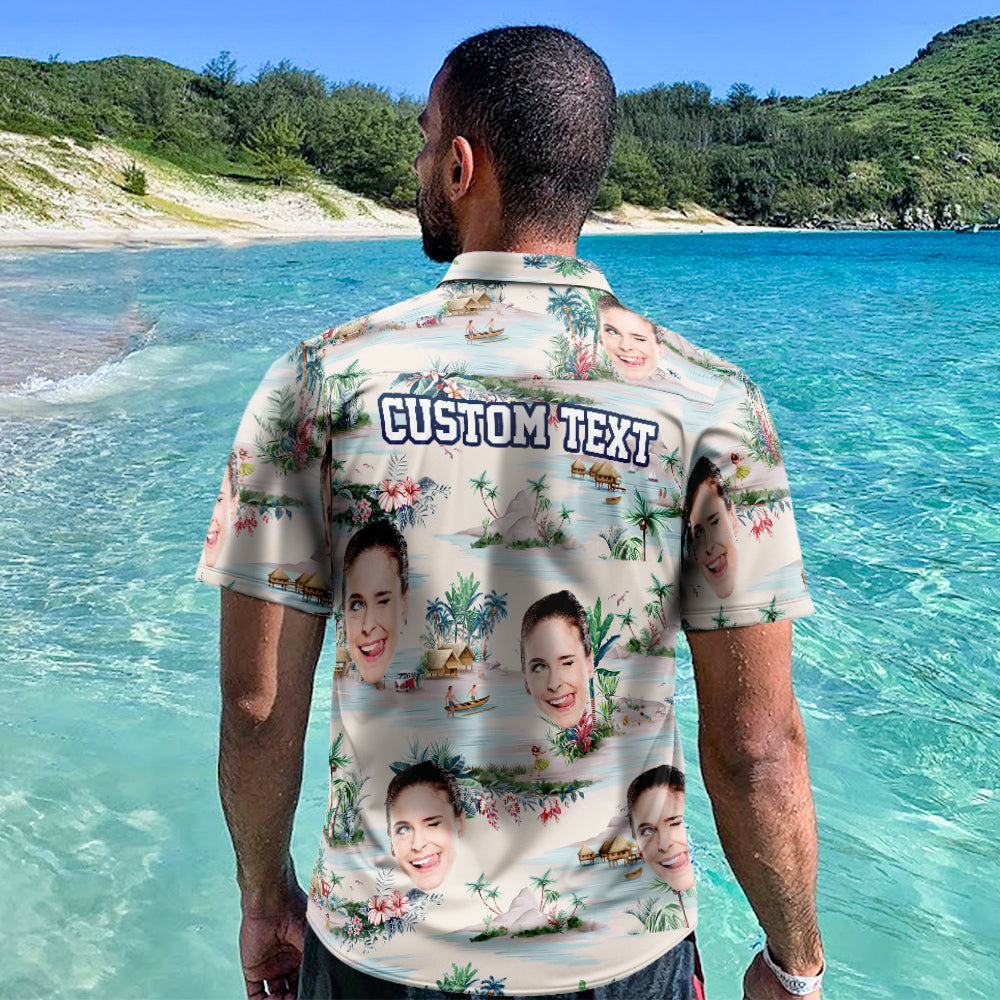 Custom Hawaiian shirt featuring personalised face with mountains and rivers Aloha print — men's all‑over print, lightweight polyester‑spandex blend, ideal personalised photo gift