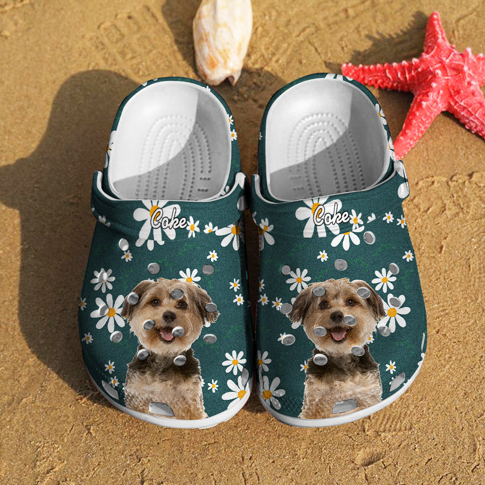 Pair of personalised pet face clogs with a funny floral print, customised with a pet photo and printed name — rubber slip-on slippers